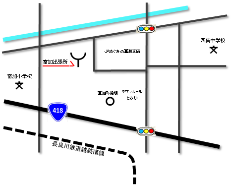地図・富加町役場から西へ徒歩約１分。